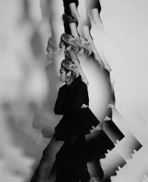 Multiple exposure black and white portrait of a person with tattoos wearing a dark jacket against a seamless studio background.