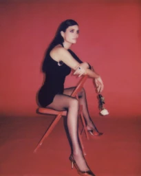 Woman in a black dress sitting on a red chair holding a white rose against a red background