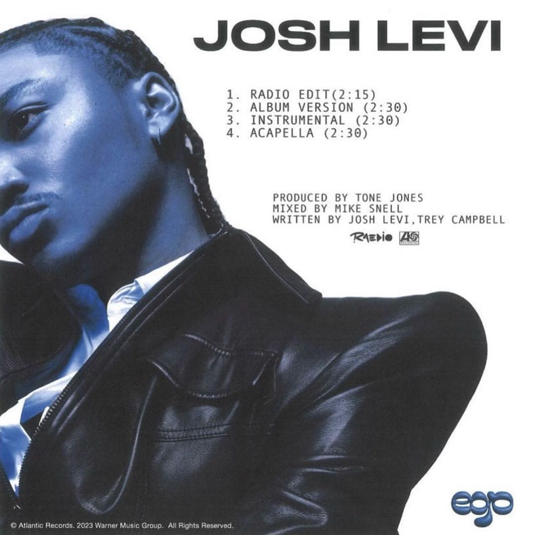Album cover featuring Josh Levi in a close-up portrait wearing a leather jacket, set against a bright background with track information.