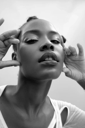 Black and white close-up portrait of an adult woman with her hands framing her face, looking directly at the camera against a white background.