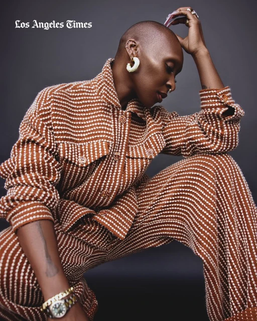 A bald African-American woman poses in brown and white striped pantsuit with hoop earrings and wristwatch against a gray background.