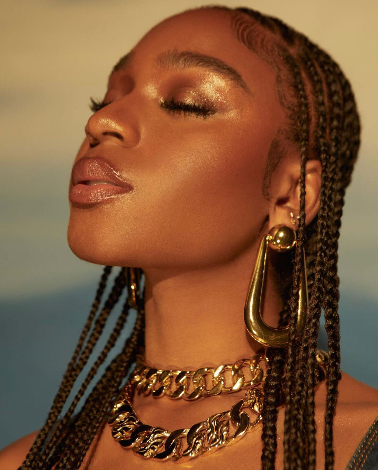 Close-up of a brown-skinned woman with braided hair and gold jewelry posing against a blurred background, warm lighting.