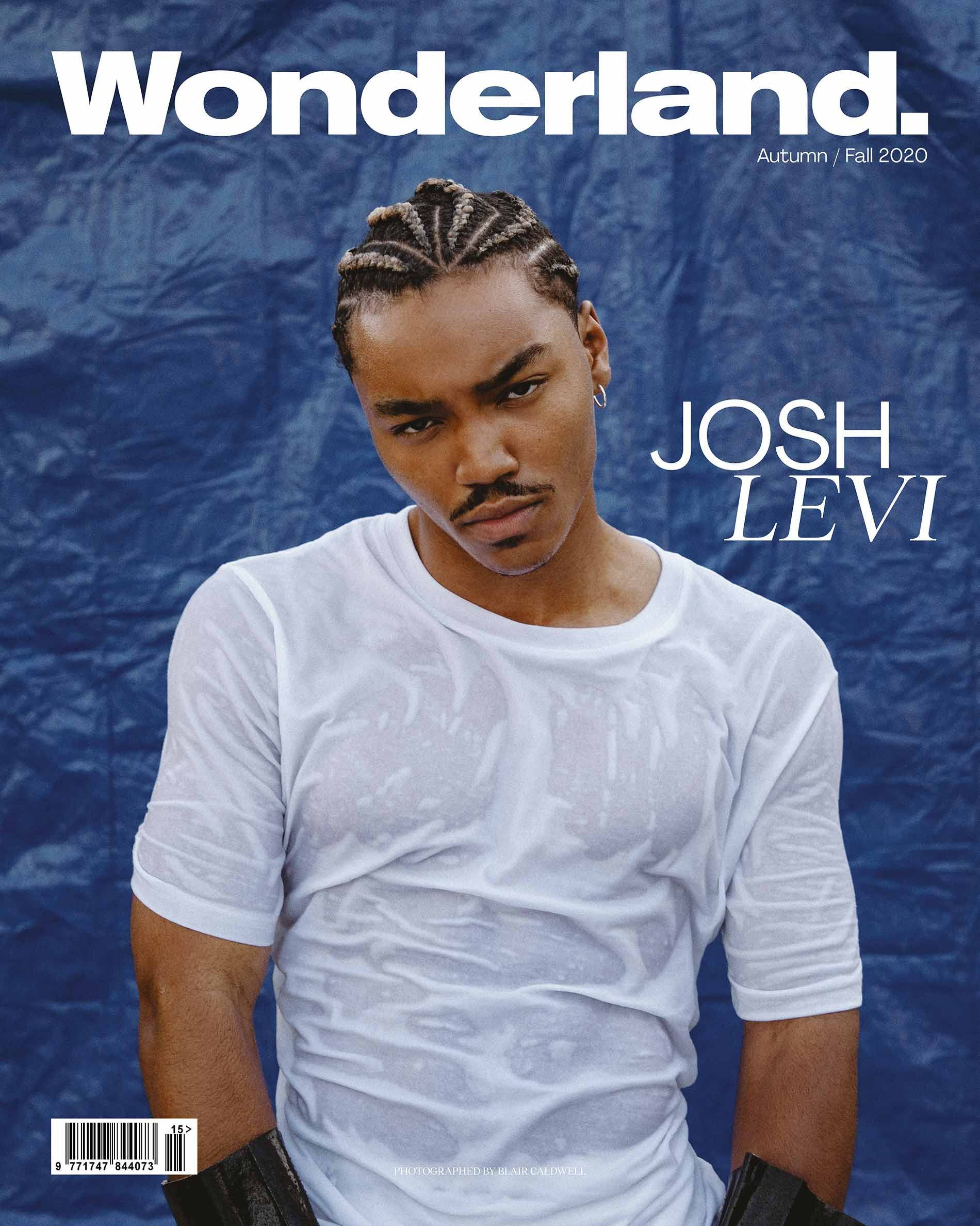 Magazine cover featuring Josh Levi wearing a white t-shirt against a blue background, promoting Wonderland's Autumn/Fall 2020 issue.