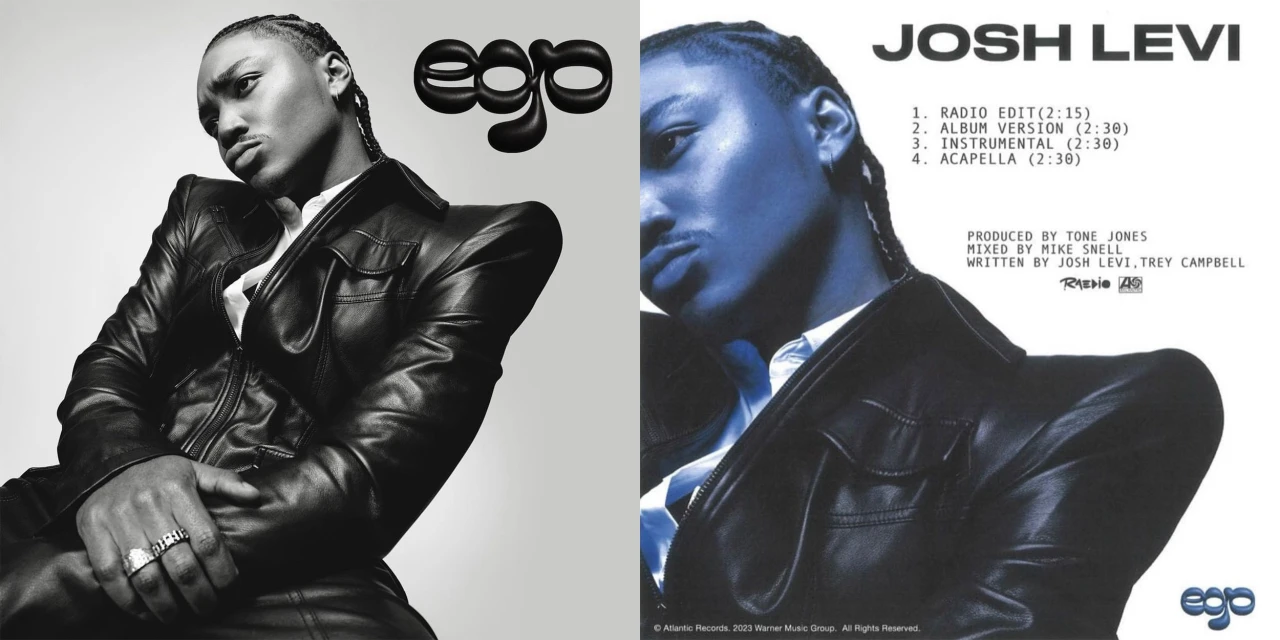 Album cover featuring Josh Levi in a black leather jacket against a split background of light grey and blue-tinted grey.