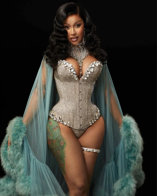 Adult female in a studio shot wearing a sparkly rhinestone-studded corset, necklace and matching garter, teal boa and tulle wrap.