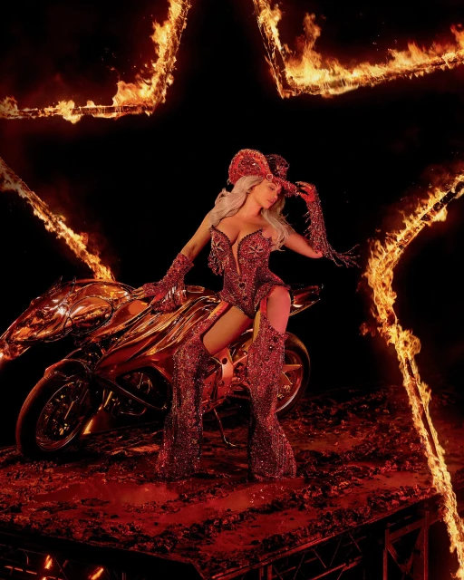 A woman with platinum blonde hair poses on a motorcycle with flames surrounding her, wearing a red rhinestone cowboy hat and outfit.