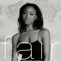 Portrait of a black woman wearing a black spaghetti strap top against a textured concrete wall with overlaid white typography text