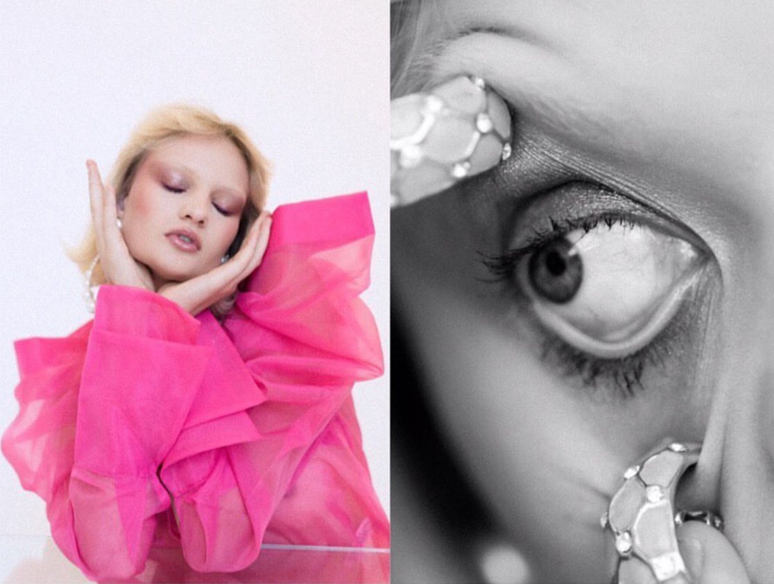 Diptyque portrait of a blond woman in pink organza framing her face alongside a macro black and white eye shot with a jeweled ring.