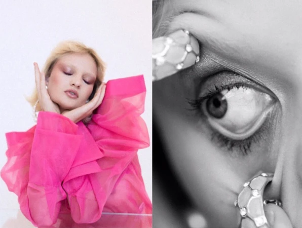 Diptyque portrait of a blond woman in pink organza framing her face alongside a macro black and white eye shot with a jeweled ring.