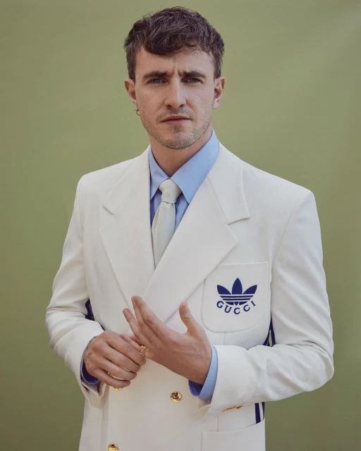 Portrait of adult male in white suit with Gucci logo looking at the camera in a photo studio with a light green backdrop.