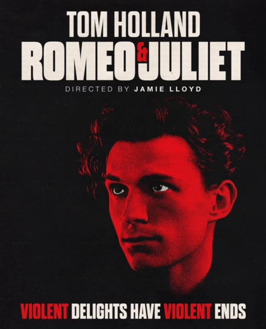 Tom Holland on the 'Romeo & Juliet' poster, showcasing the upcoming theatrical production. Holland gazes with a neutral expression.