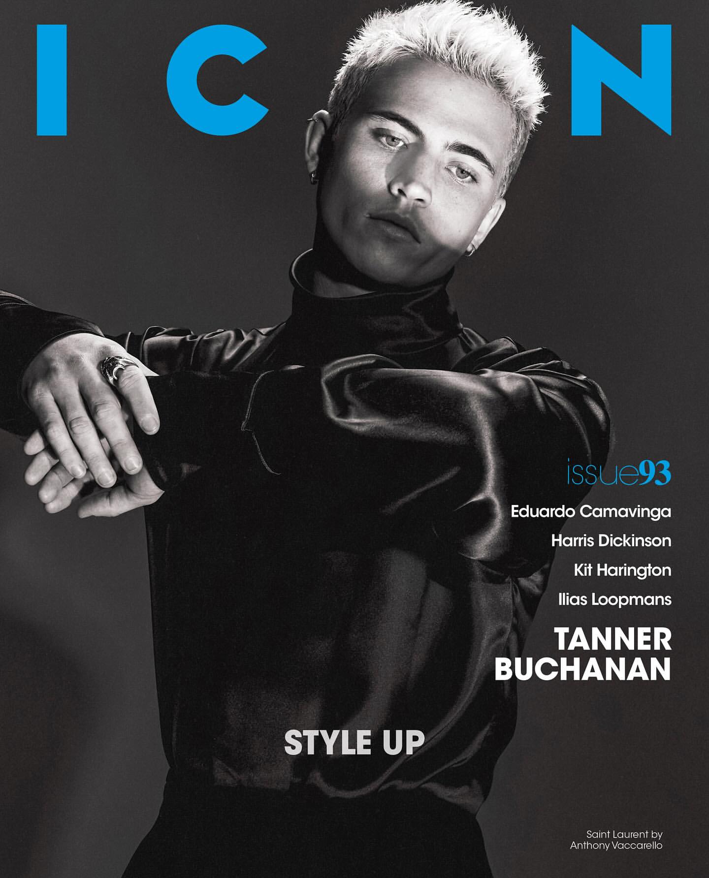 Magazine cover featuring Tanner Buchanan in black satin shirt against a grey background with blue ICON logo and text overlay.