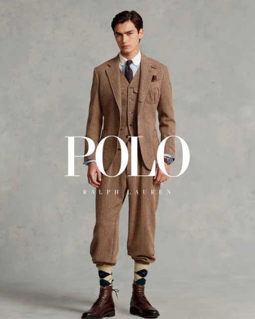 A full-length shot of a male fashion model posing in a three-piece brown tweed suit with boots for a Polo Ralph Lauren advertising campaign.