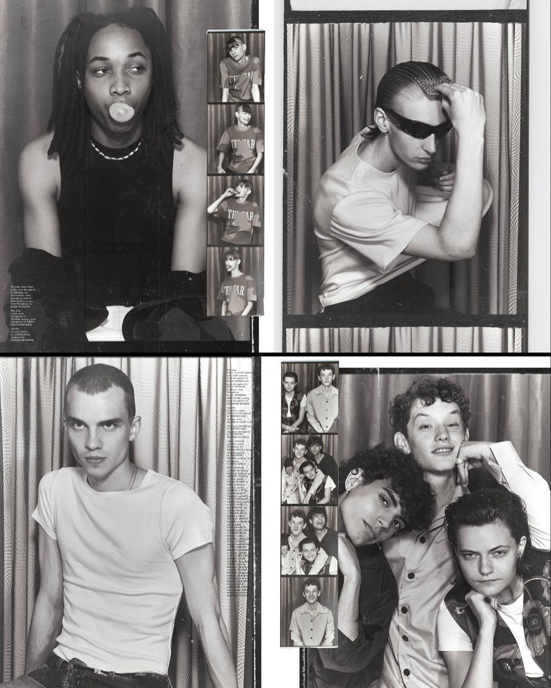 Four black-and-white panels feature men in front of curtains. One blows a bubble, another wears sunglasses, and another is with a group.