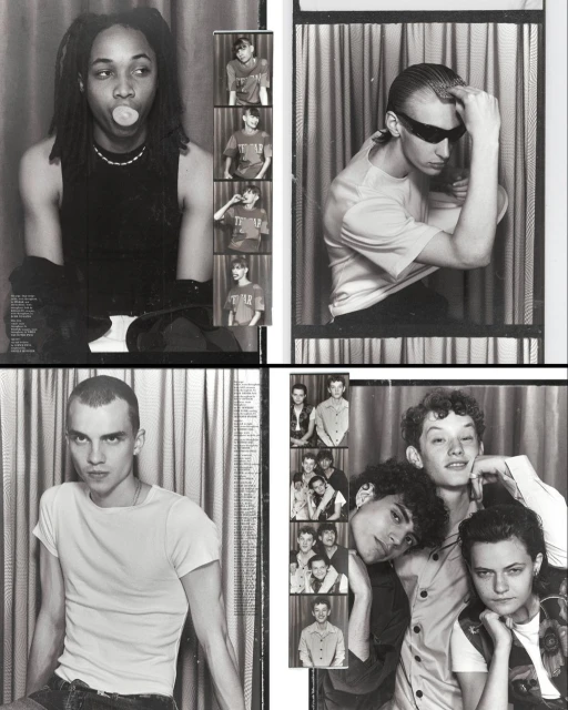 Four black-and-white panels feature men in front of curtains. One blows a bubble, another wears sunglasses, and another is with a group.