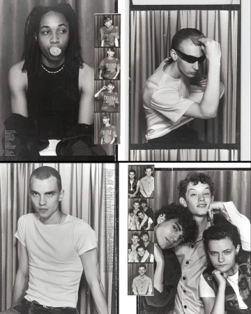 Four black-and-white panels feature men in front of curtains. One blows a bubble, another wears sunglasses, and another is with a group.