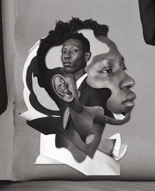 Monochrome collage featuring two African American adult males in suits, combined with cutout paper shapes, set against a muted gray background.
