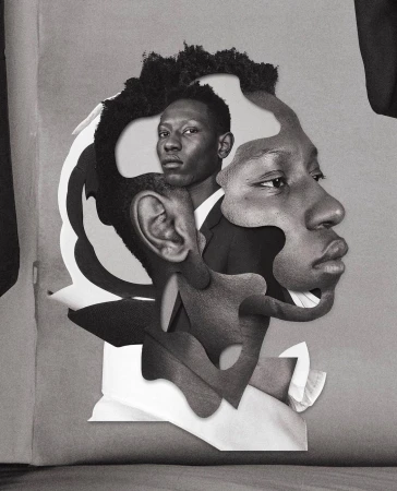 Monochrome collage featuring two African American adult males in suits, combined with cutout paper shapes, set against a muted gray background.