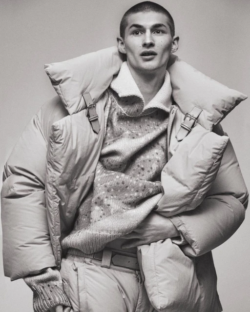 Monochrome portrait of a young male model in a puffy coat, textured sweater, and pale trousers, posing in a neutral studio backdrop.