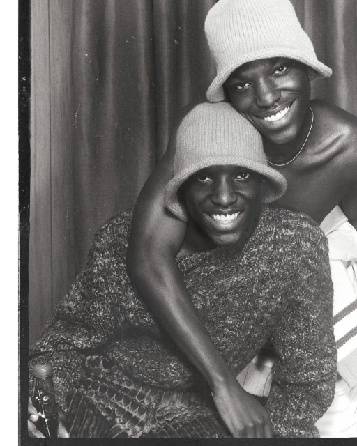 Black and white portrait of two Black adult males wearing hats and smiling, with one individual's arm around the other's shoulder.
