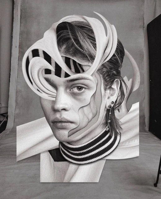 Monochrome portrait of a person with a striped top, digitally manipulated with carved-out sections and an added layered headpiece.