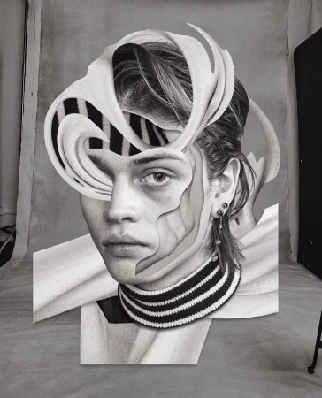 Monochrome portrait of a person with a striped top, digitally manipulated with carved-out sections and an added layered headpiece.
