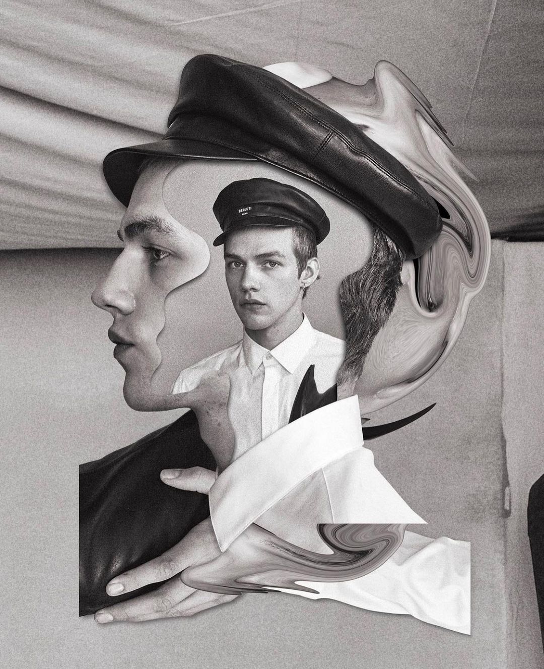Monochrome portrait of a young adult man wearing a black cap, captured with visual effects and distortions for added artistic appeal.