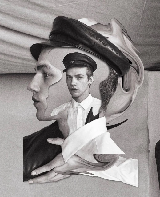 Monochrome portrait of a young adult man wearing a black cap, captured with visual effects and distortions for added artistic appeal.
