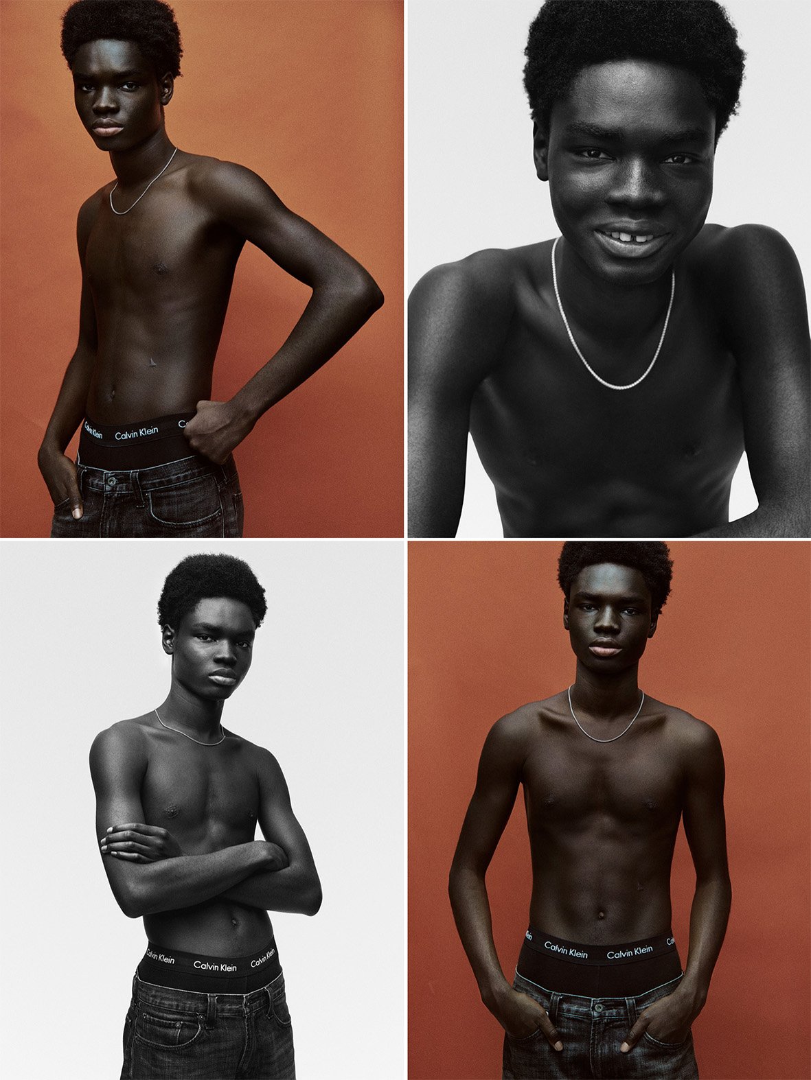 Collage of a Black male model posing shirtless, wearing jeans and a chain against a two-tone backdrop, showcasing a Calvin Klein waistband.