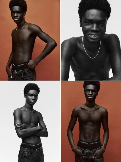 Collage of a Black male model posing shirtless, wearing jeans and a chain against a two-tone backdrop, showcasing a Calvin Klein waistband.