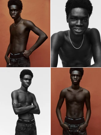 Collage of a Black male model posing shirtless, wearing jeans and a chain against a two-tone backdrop, showcasing a Calvin Klein waistband.