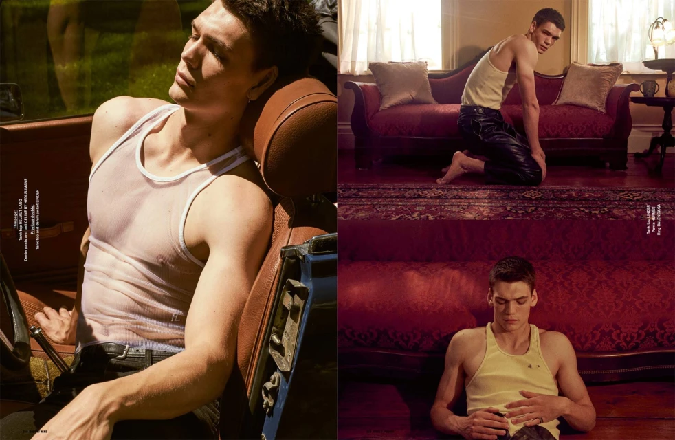A shirtless man with a tank top poses in a car. Another man poses indoors sitting in front of a red couch with a rug.