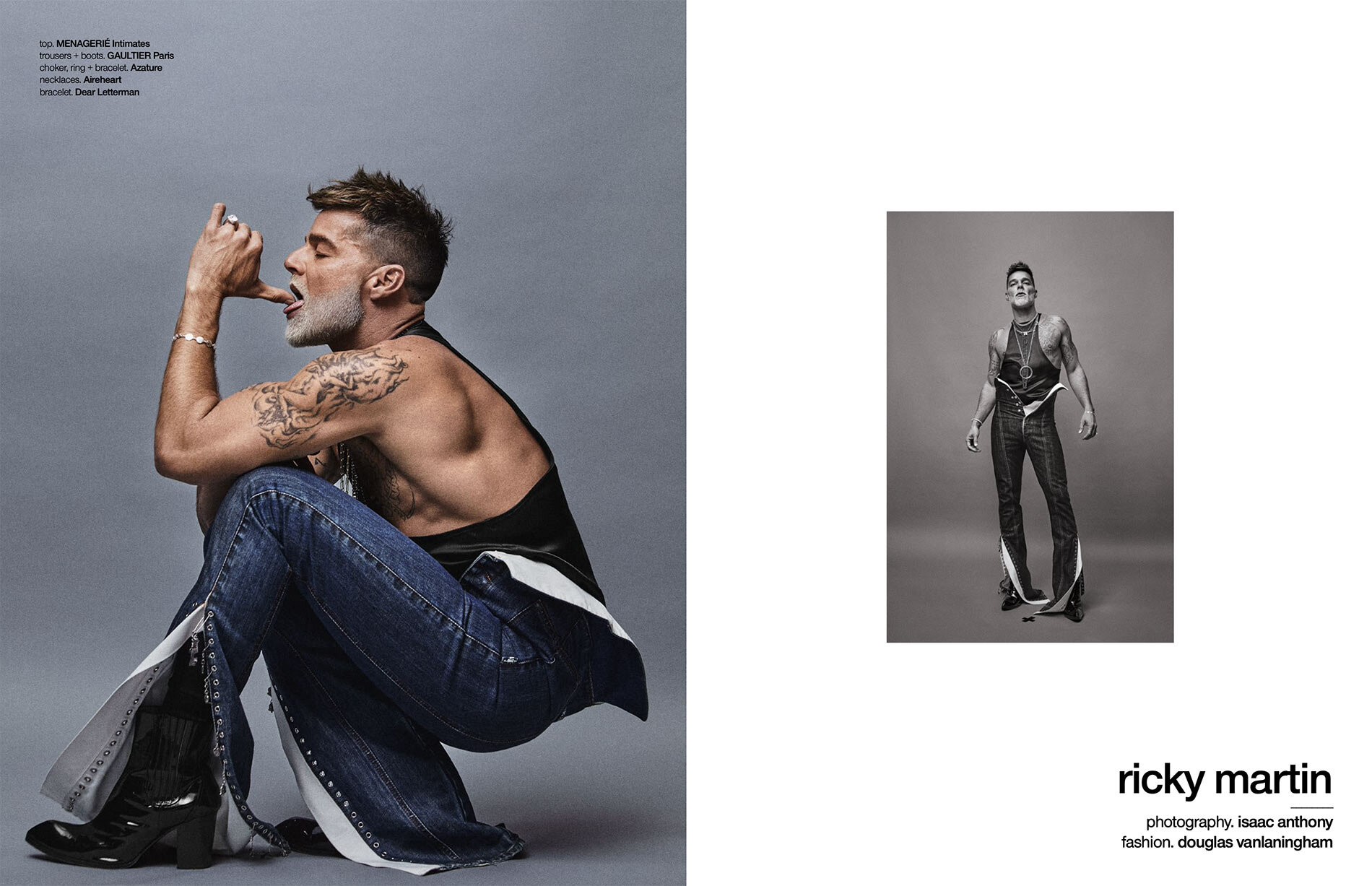Ricky Martin poses in a sleeveless top and jeans in a studio. The image features fashion and celebrity elements with a grey backdrop.