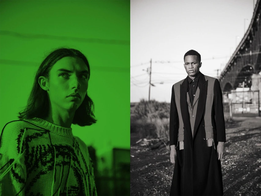 Split fashion portrait featuring an adult male with long hair in green and another in black and white wearing a long black coat outdoors.