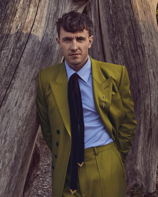 A man in a yellow-green suit poses against a grey wood background, creating a striking visual with contrasting colors and textures.