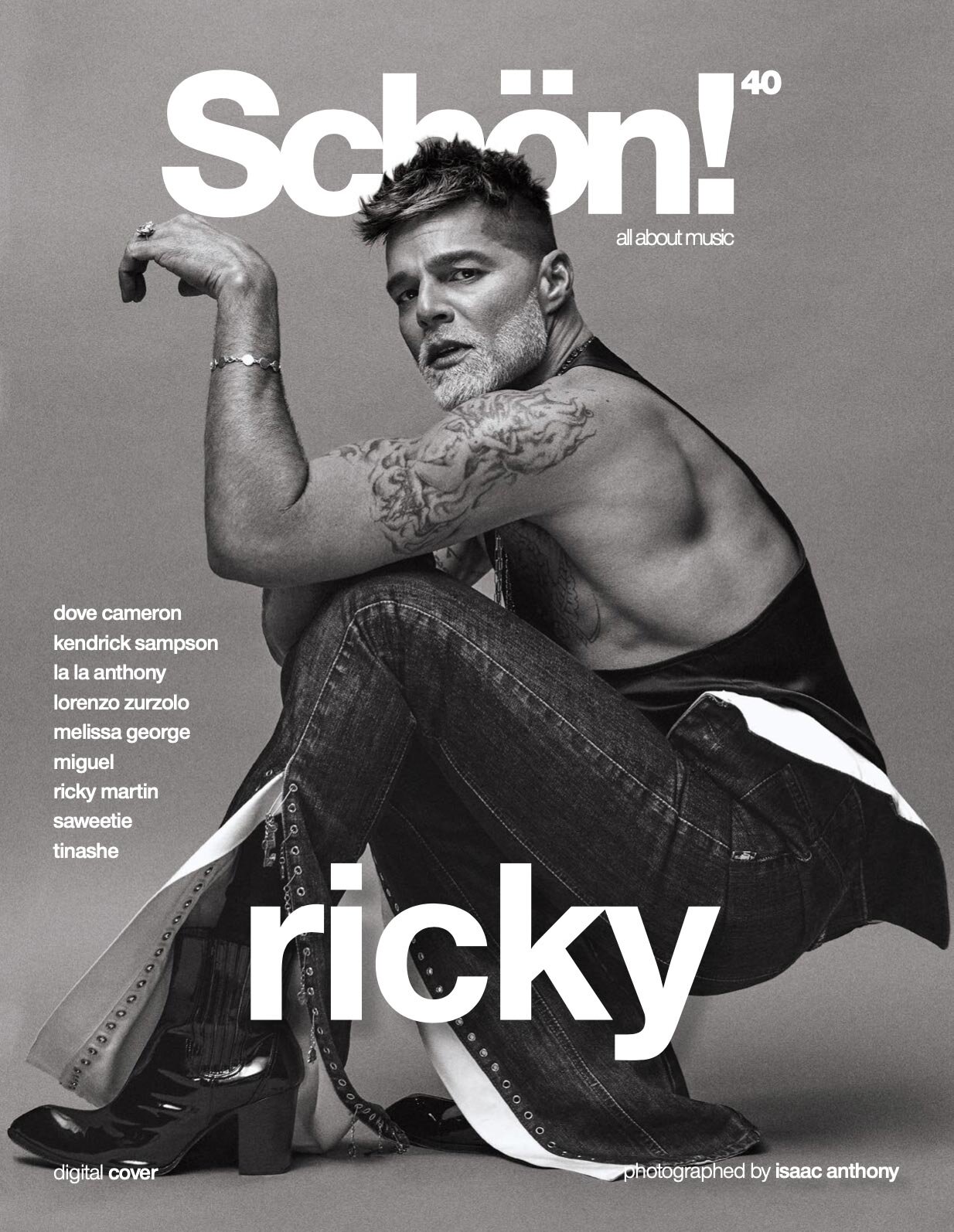 Schön! magazine cover featuring Ricky Martin, posing in a leather top and jeans with leg slits, photographed in a studio setting.