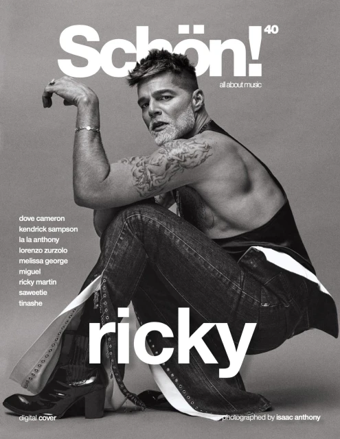 Schön! magazine cover featuring Ricky Martin, posing in a leather top and jeans with leg slits, photographed in a studio setting.