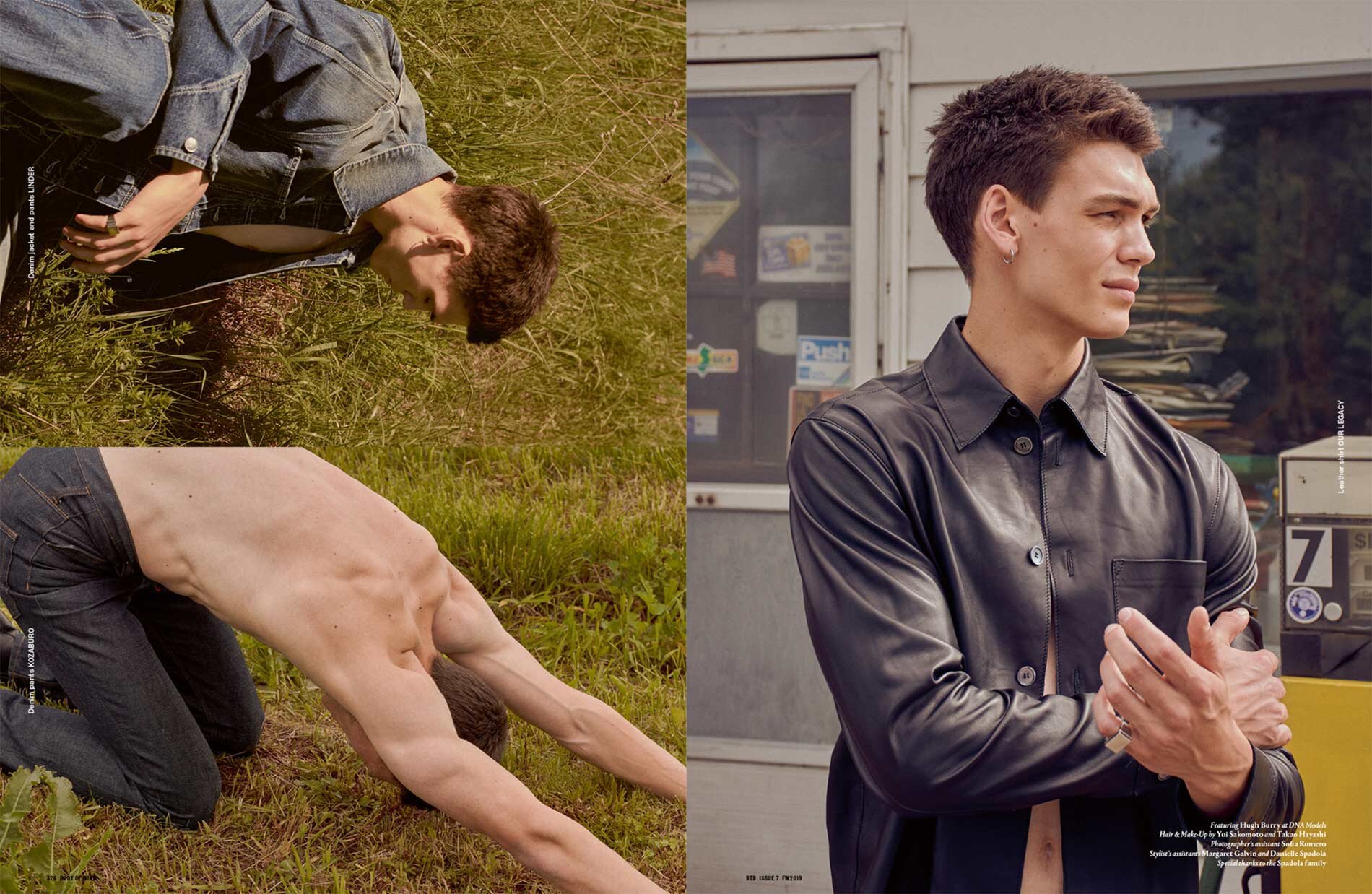 Two images of a young adult male model wearing denim and a leather shirt in an outdoor setting with natural lighting. Fashion editorial.