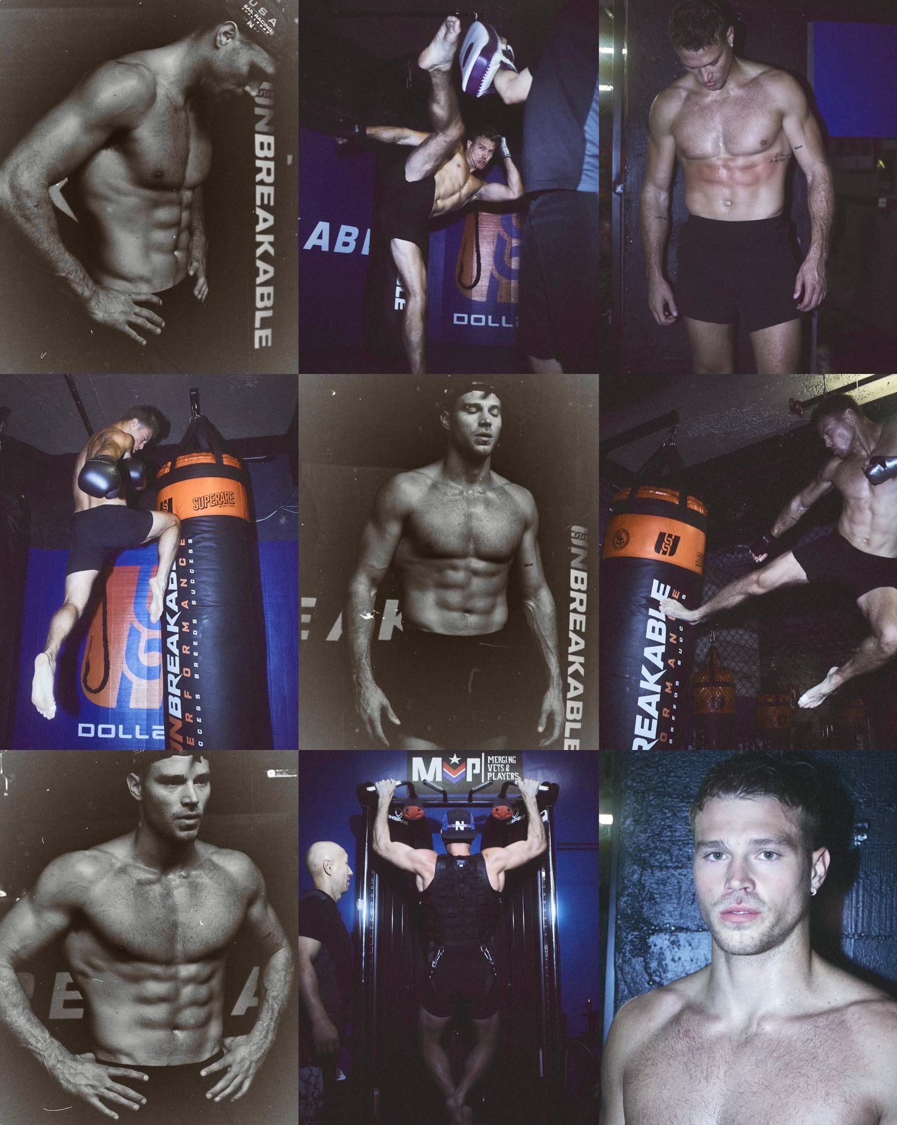 A collage showcases muscular men in athletic settings, training and posing, with focus on fitness and physique in a monochrome tone.