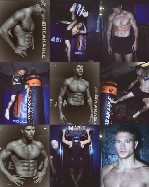 A collage showcases muscular men in athletic settings, training and posing, with focus on fitness and physique in a monochrome tone.