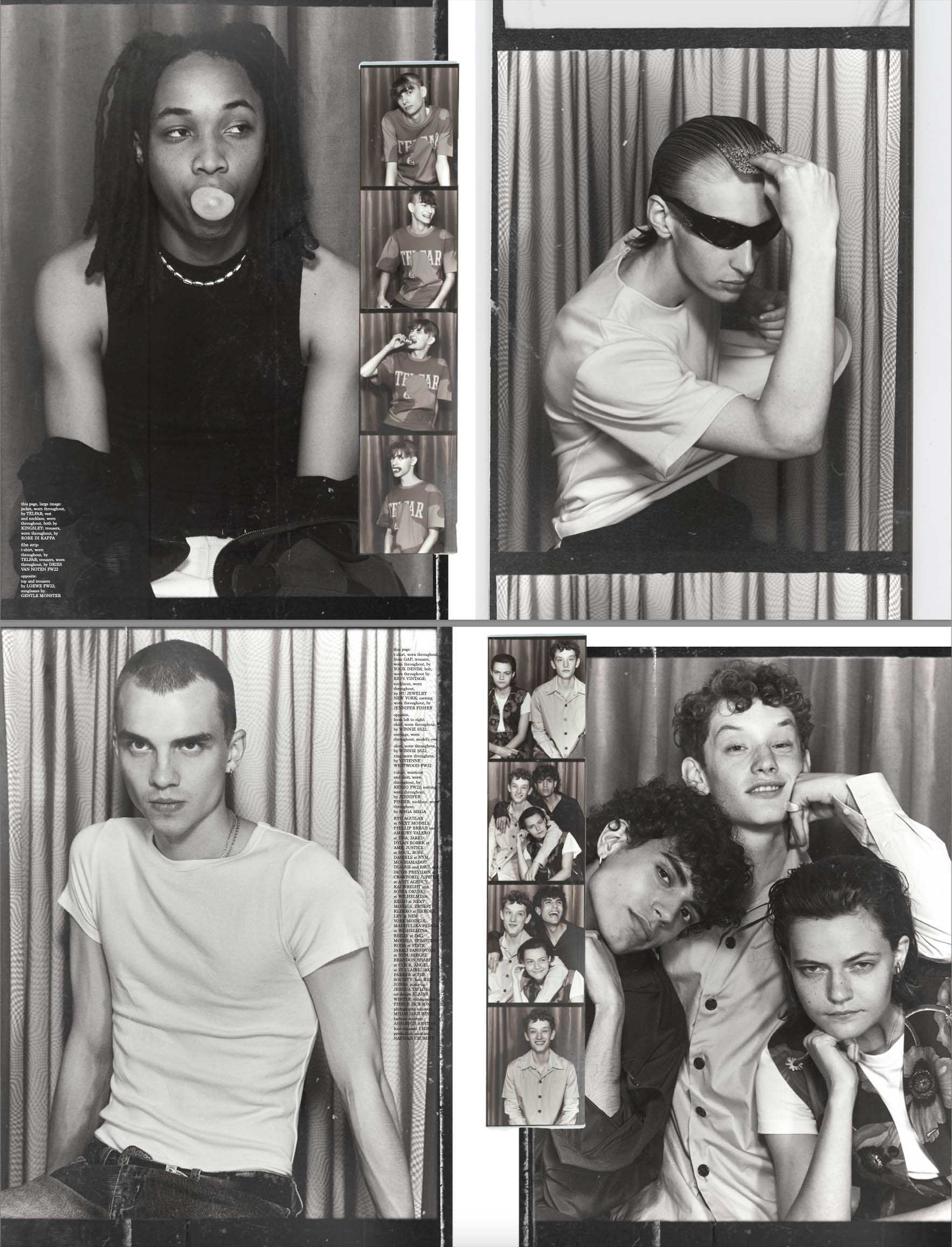 Black and white montage of fashion portraits featuring young men in different poses and styles against neutral curtain backdrops.