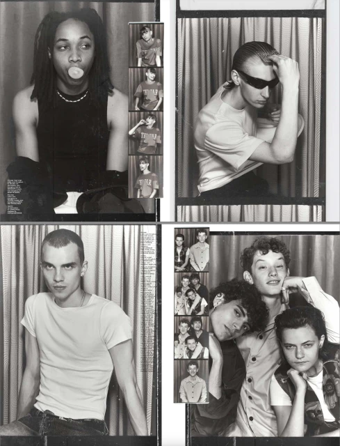 Black and white montage of fashion portraits featuring young men in different poses and styles against neutral curtain backdrops.