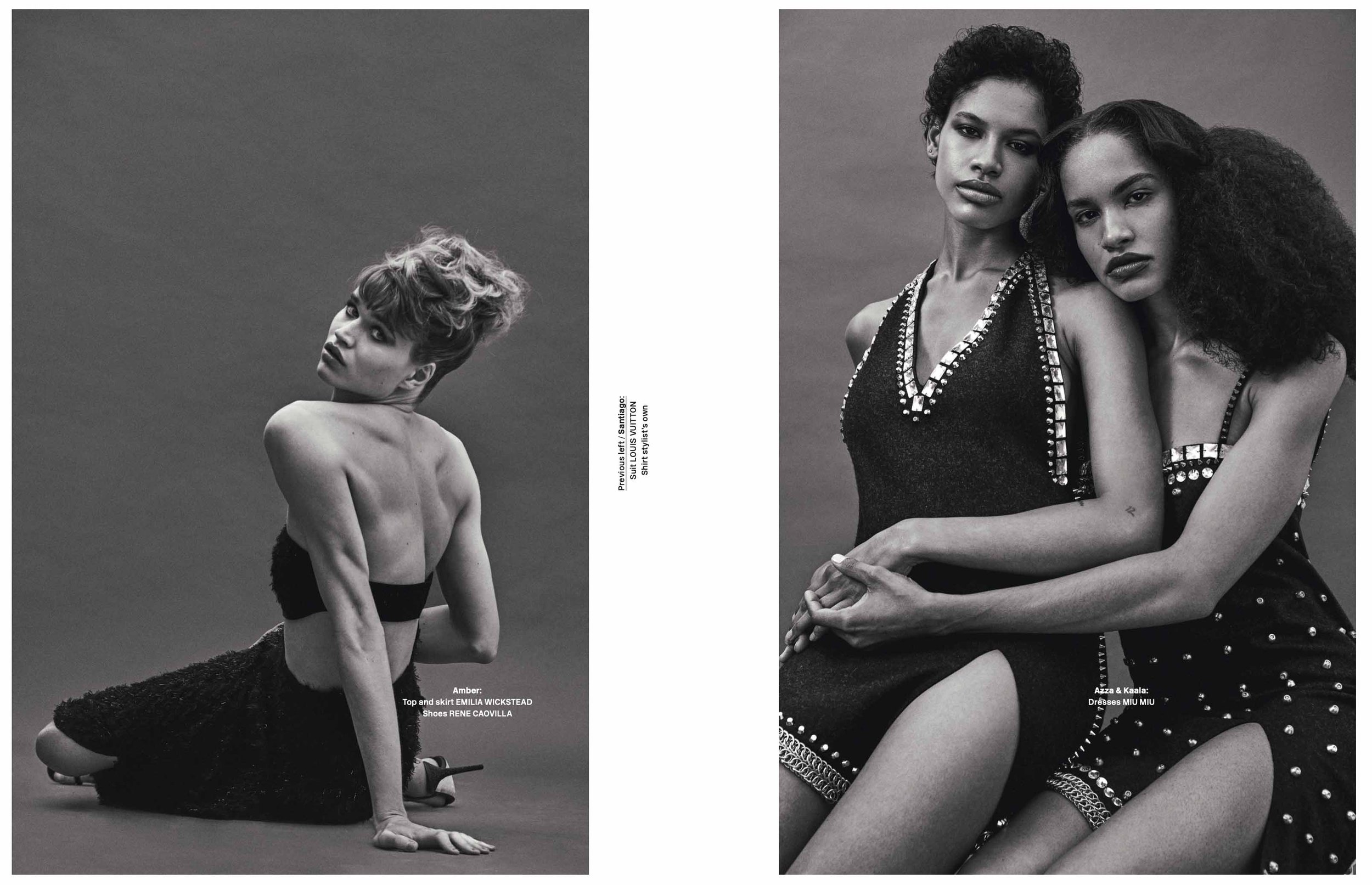 Monochrome studio shot features a seated female model with updo, back facing camera, and two embracing models in embellished dresses.
