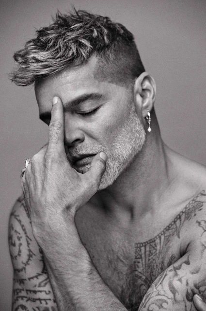 Close-up portrait of a man with salt-and-pepper hair and tattoos, with his hand on his face in a pensive pose against a grey background.