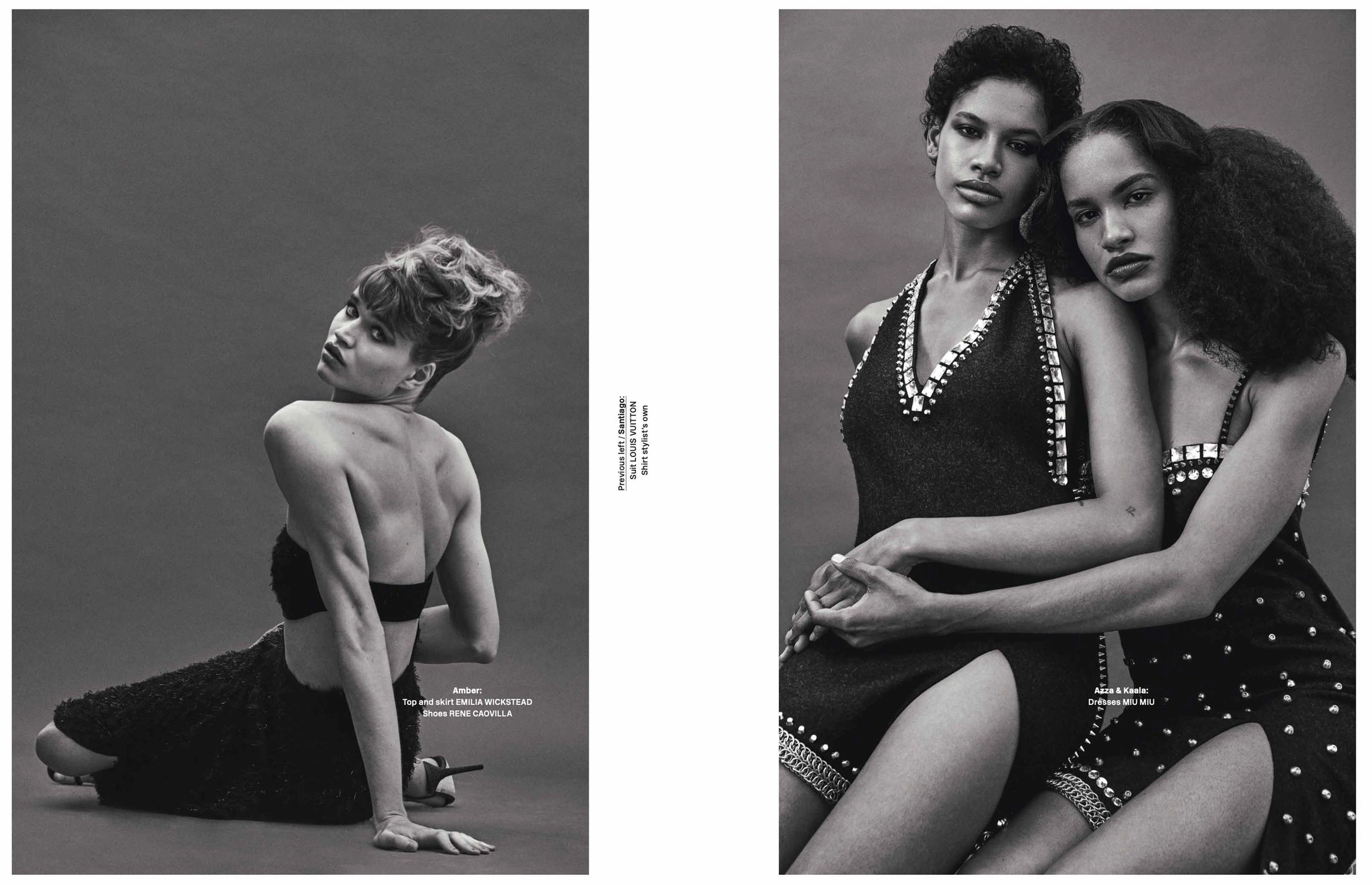 Black and white editorial magazine spread featuring three female models in dark textured dresses against a grey background.