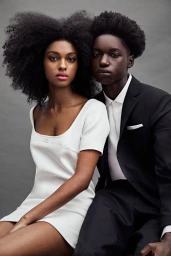 Portrait of a black woman in a white dress and a black man in a suit against a grey seamless background