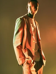 Portrait of a Black man wearing a tan blazer and t-shirt under warm directional lighting against a plain background.