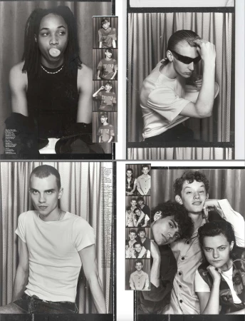 Black and white photo strip featuring multiple portrait panels of young subjects posing in a photobooth setting.