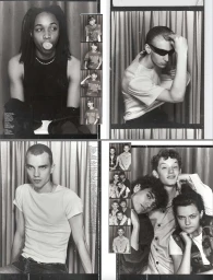 Black and white photo strip featuring multiple portrait panels of young subjects posing in a photobooth setting.
