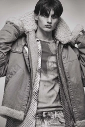 Monochrome portrait of a young male model wearing a heavy shearling-lined jacket and patterned t-shirt by Isaac Anthony.